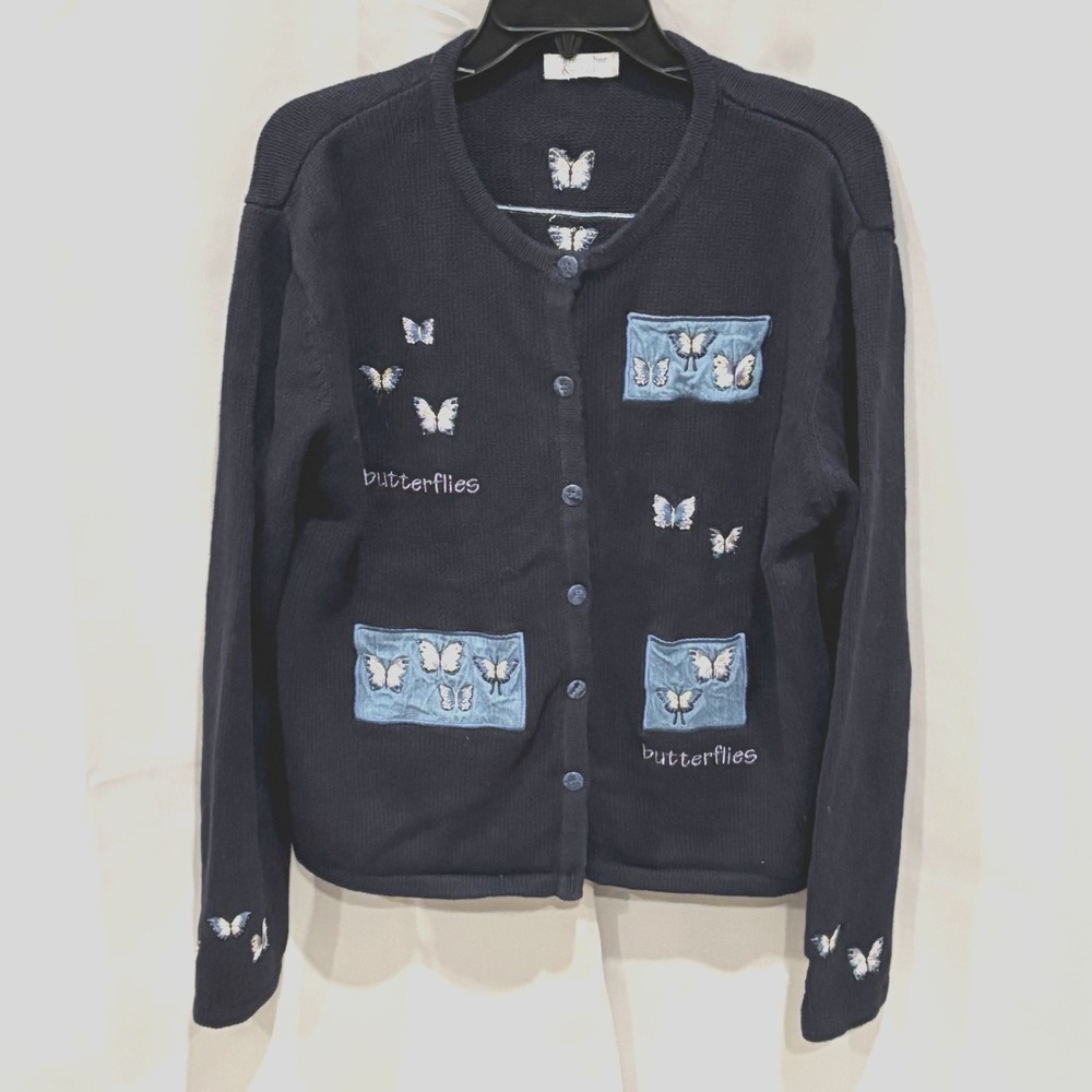 Vtg Christopher Banks Cardigan Sweater Butterfly‎ Blue 1X Whimsical Fairy 18942x